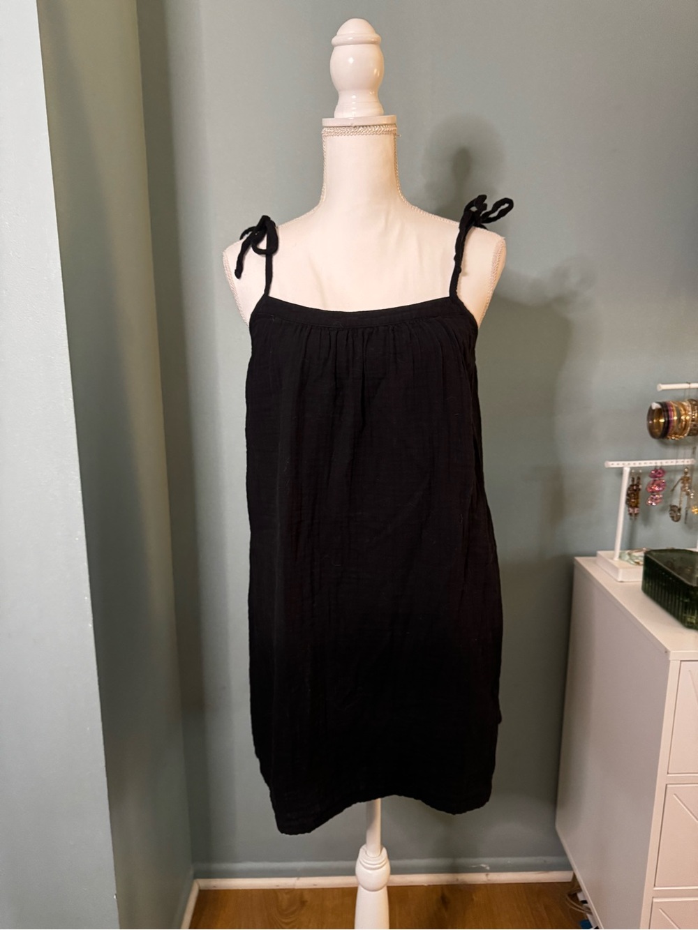 Old Navy Linen Cotton Trapeze Tie-Strap Sundress Black Small EUC